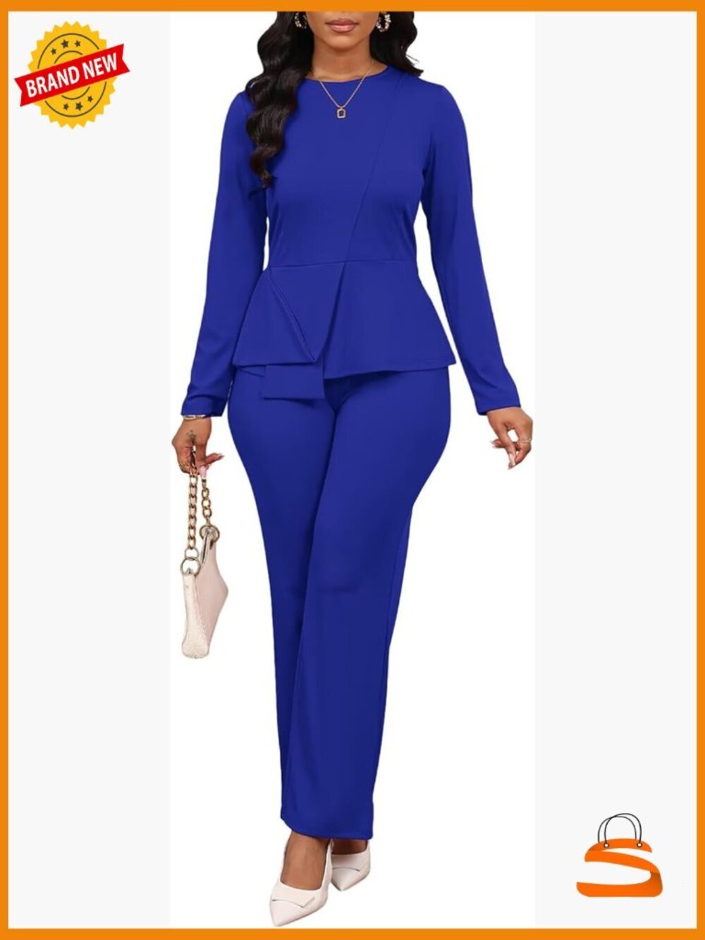Long Sleeve 2 Piece Pant Set Back Slit Top High Waist Pantsuit